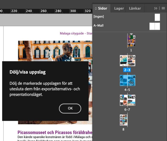 dölj uppslaget adobe indesign 2024
