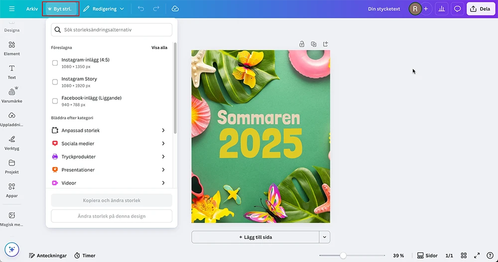 Canva byt storlek med magic resize
