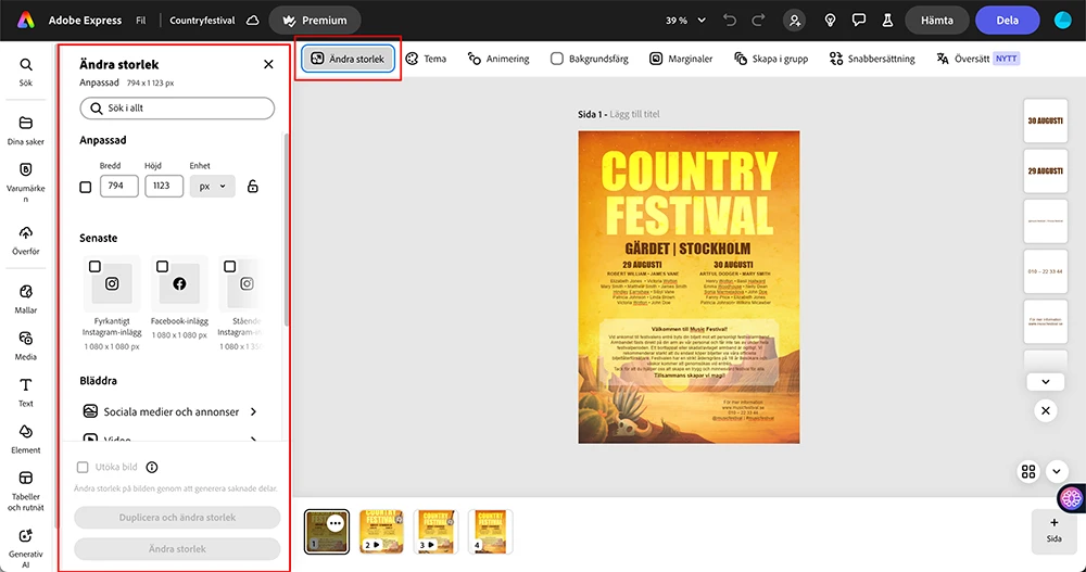 Ändra storlek i Adobe Express