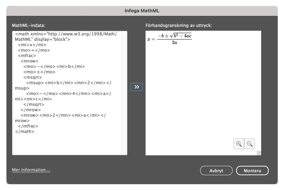 Redigera formler i panelen Matematiska uttryck