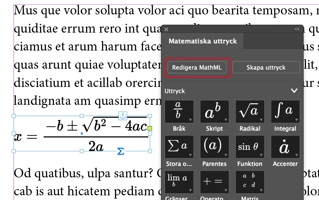 Redigera matematiska uttryck