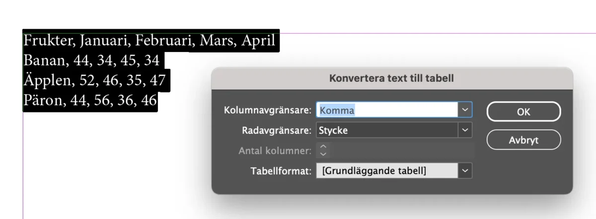 konvertera text till tabell