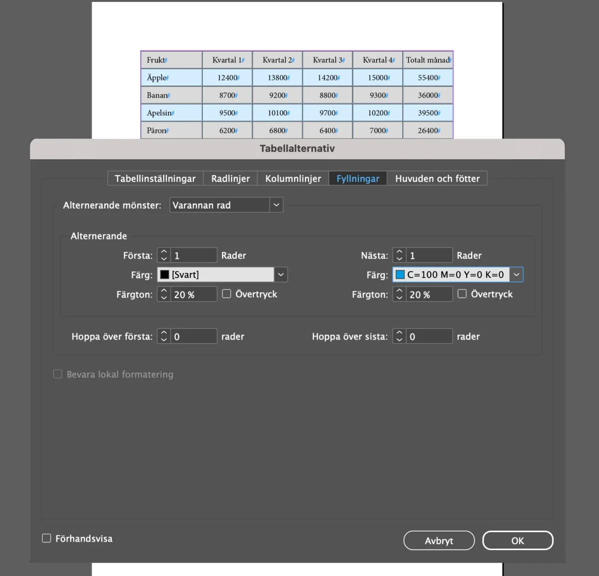 Tabellinställningar - fyllningar