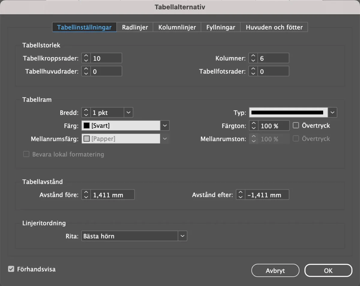 tabellinställningar