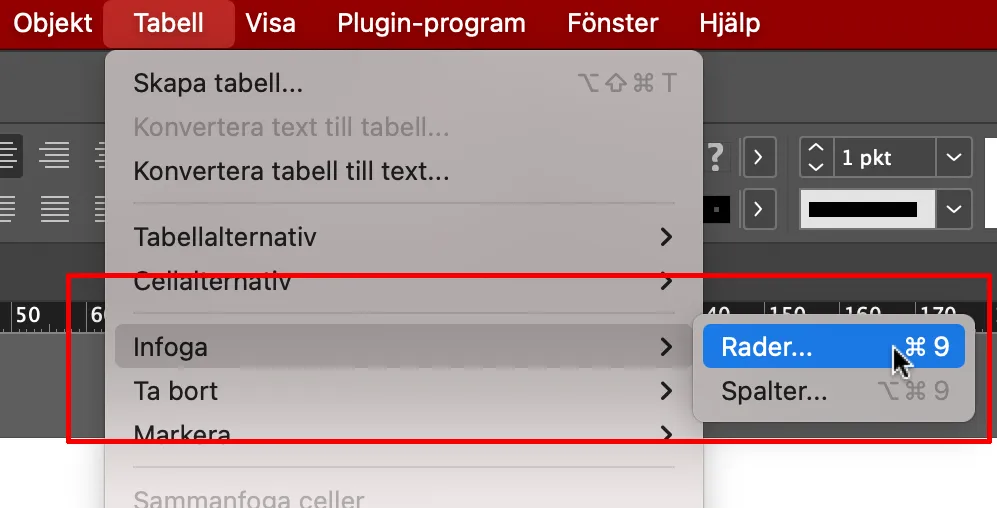 Infoga rader och kolumner i tabeller i InDesign