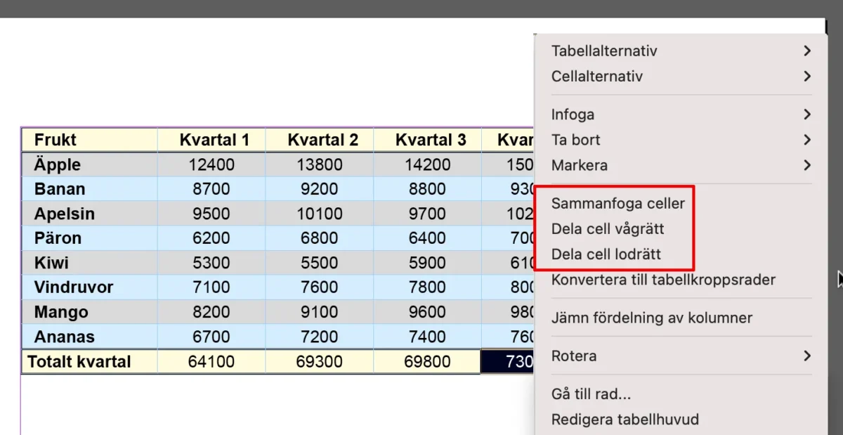 dela upp eller sammanfoga celler