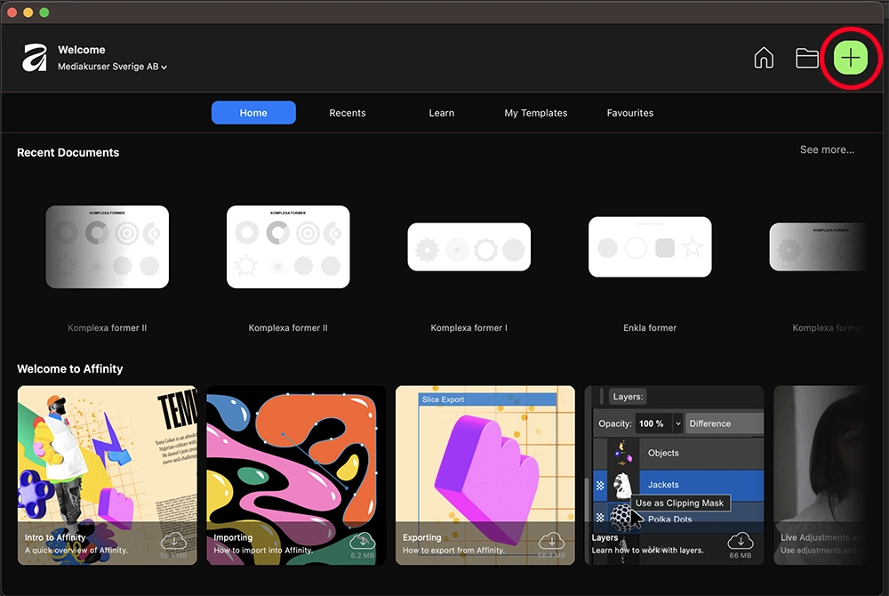 Välkommen fönstret i Affinity Studio