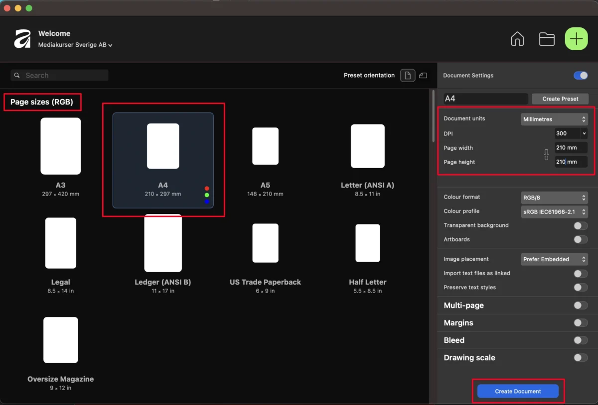 affinity studio nytt dokument