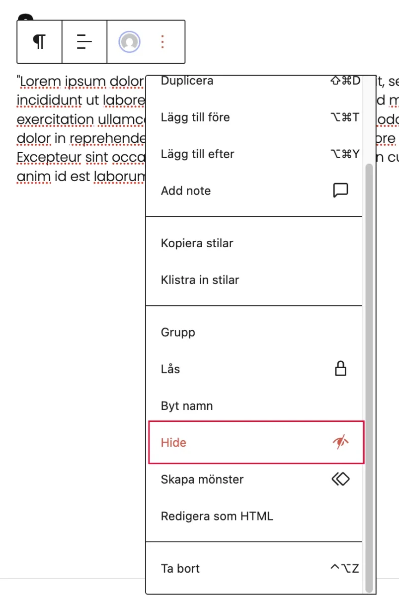 WordPress 6.9 göm block