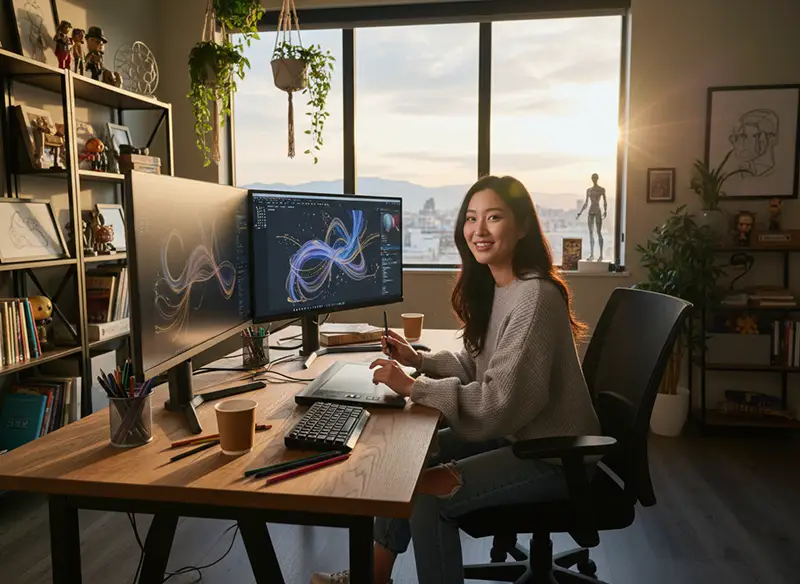 Kvinna sitter framför dator och tänker kring upphovsrätt och AI-genererat innehåll.