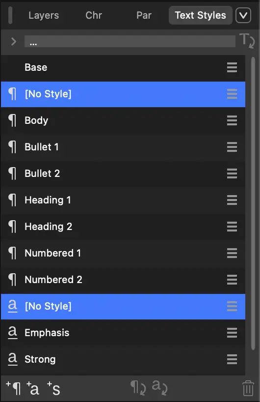 text styles i affinity studio