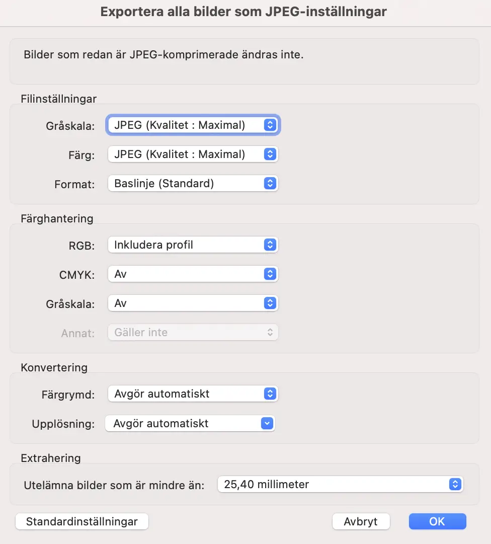 exportinställningar