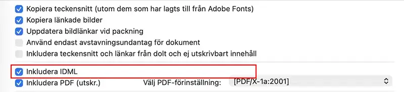 inkludera idml när man ska packa InDesign-dokument