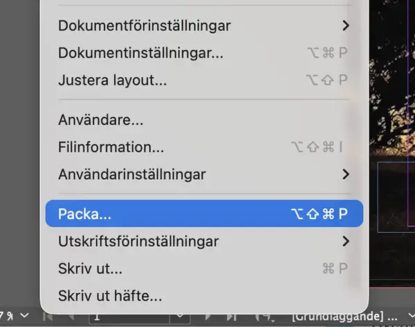 packa-menyn för att packa indesign-dokument
