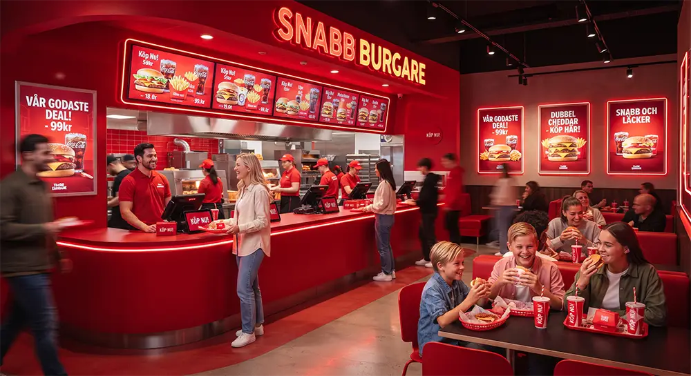 hamburgerrestaurang som använder rött för att sälja