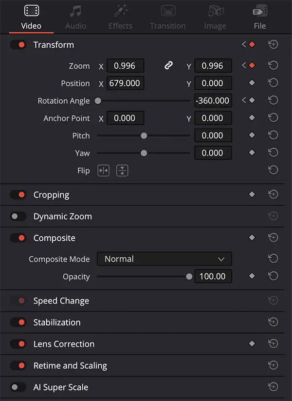easing davinci resolve inspector