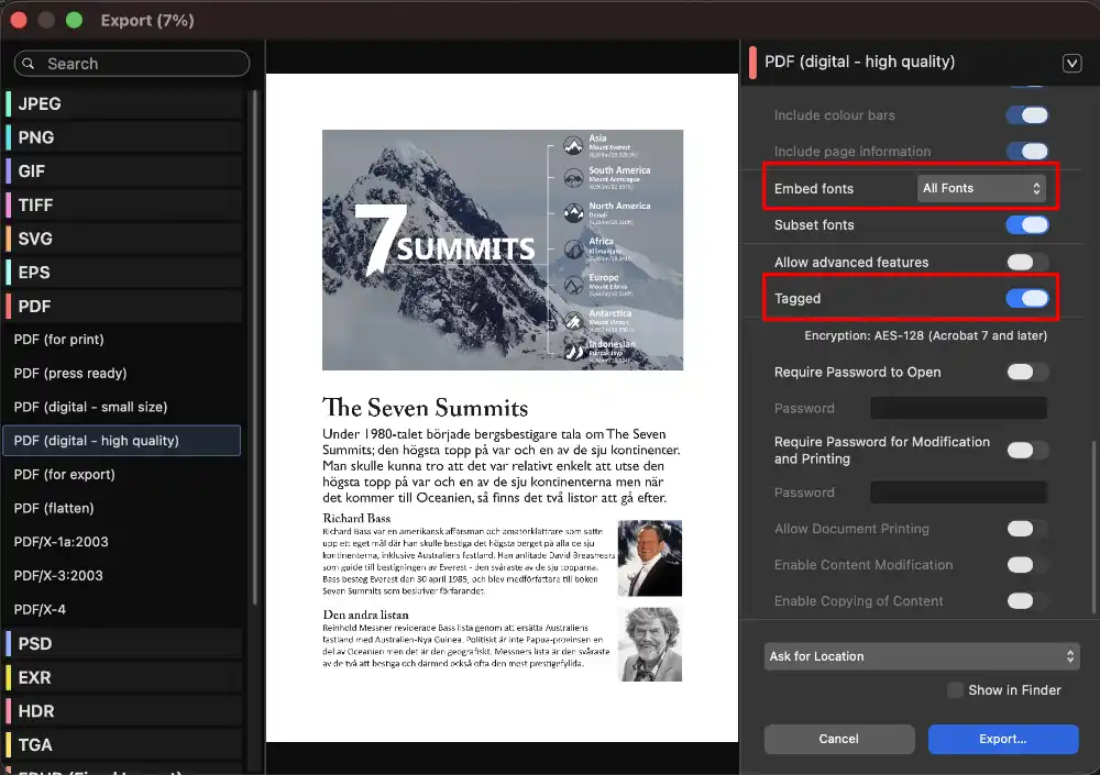 exportinställningar för tillgänglig pdf i affinity studio