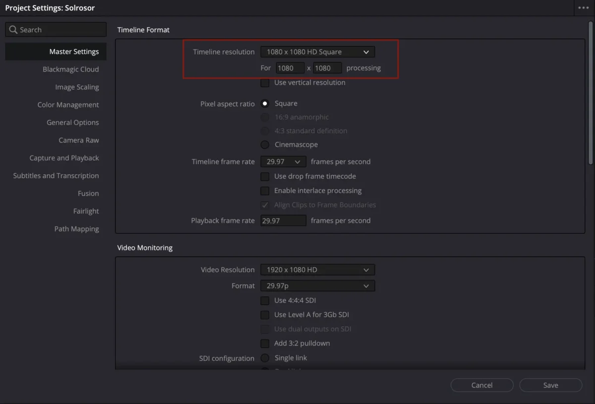 square format Davinci Resolve