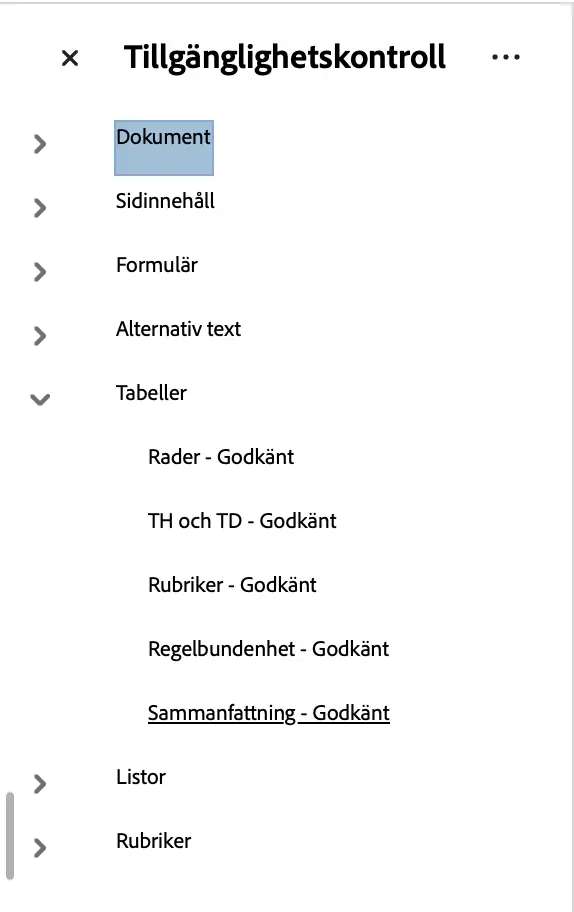 tillgänglighetskontroll tillgängliga tabeller